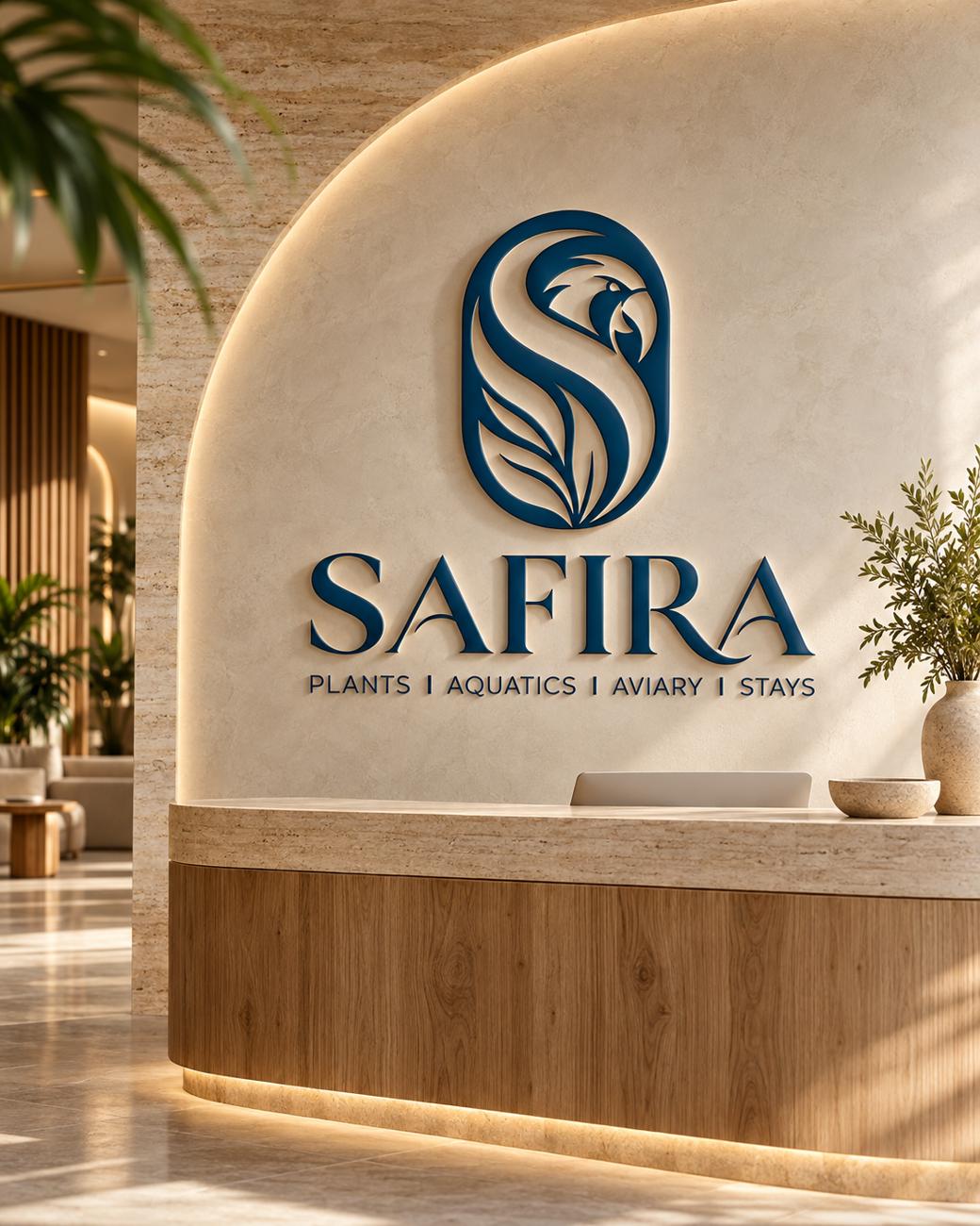 Illustration of a warm Safira-inspired reception with natural stone and blue lettering
